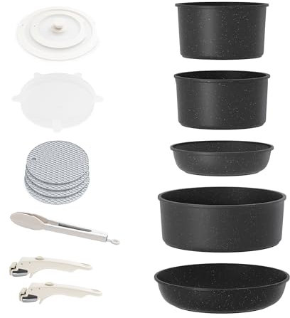 RIOVARM Induktion Töpfe und Pfannen Set mit abnehmbaren Griffen, Antihaft Granit Stapelbar Kochgeschirr-Set mit Silikon Deckeln, Platzsparend Topf- & Pfannensets ohne PFOA, Bratpfanne, Casseroles