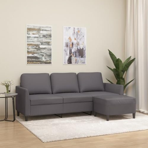 Mengtu 3-Sitzer-Sofa mit Hocker Sofa Couch Loungesofa Polstersofa Relaxsofa Gästesofa Dopplesofa Ecksofa Sofa Chaise Longue für Wohnzimmer Gästezimmer Schlafzimmer Grau 180 cm Kunstleder