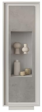 möbelando Vitrine >Siena< 3 Böden, Soft-Close, Weiss Lack matt, Beton-Optik - 67x197x40 (B/H/T)