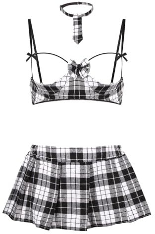 KFLY Women's Sexy Lingerie Set Naughty Cosplay Uniform Costume Quarter Cups Mini Tartan Fancy Dress Hollow Out Push Up Bra and Panty Set Babydoll Teddy Nightwear Sleepwear (black, One Size)