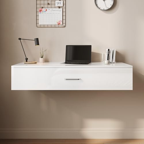 SONNI Escritorio, mesa de ordenador, mesa de oficina, colgante con cajón, mesita de noche moderna con espacio de almacenamiento, mesa de trabajo, escritorio infantil con espacio de almacenamiento