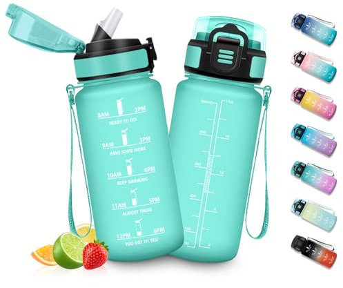 HoneyHolly Gourde Enfant 500 Ml, sans BPA, Water Bottle avec Paille, Anti-fuite, Bouteille d'eau Motivante avec Marqueur de Temps, Gourde Graduée, Bouteille pour Gymnase, École, Cyclisme