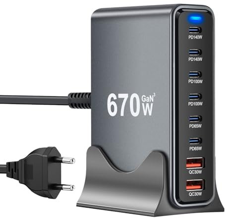 670W USB C Ladegerät Mehrfach, 8 Ports Schnellladegerät Ladestation für MacBook Pro/Air,iPad Pro/Air,Sumsung usw-Schwarz