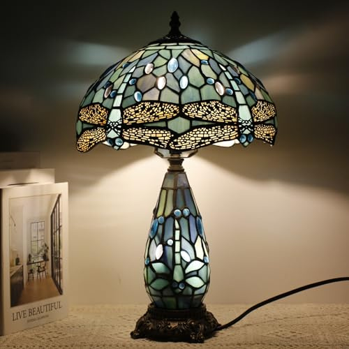 TCODTPOL Tiffany Lamp Lampe de table en verre teinté 30,5 x 48,3 cm pour mère et fille - Veilleuse d'appoint pour chambre à coucher, chevet, lecture, maison de style antique (libellule bleue)