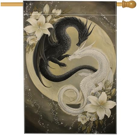 Bandera de Dragon House, fantasía mística Lily Moon N/A arpillera negra doble cara decorativa exterior porche banderas para césped al aire libre, patio, entrada, 28 x 40 pulgadas