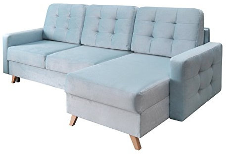 mb-moebel Ecksofa Sofa Eckcouch Couch mit Schlaffunktion und Bettkasten Ottomane L-Form Schlafsofa Bettsofa Polstergarnitur - Carla (Ecksofa Rechts, Blau)