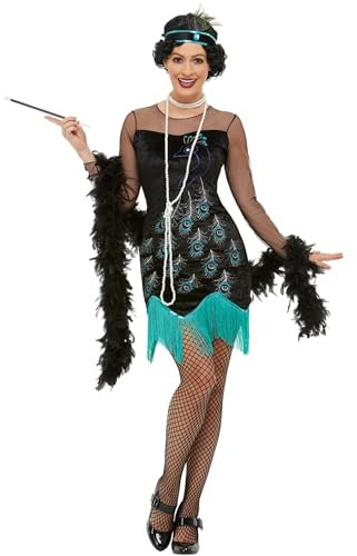 Smiffys 20er Jahre Pfauen Flapper Kostüm, Grün & Blau, mit Kleid & Stirnband