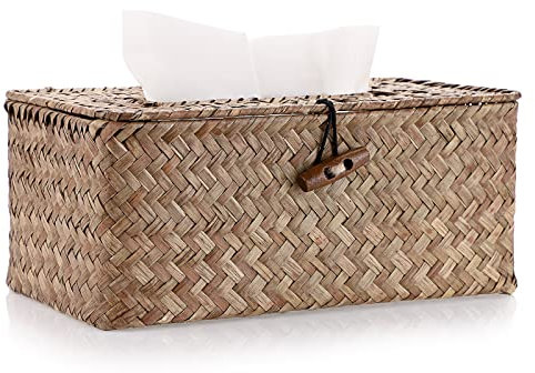 BSTKEY Rechteckiger Taschentuchbox aus Seegras für den Haushalt, dekorativer gewebter Papierhalter, Kaffee, 68 x 30 x 22 cm