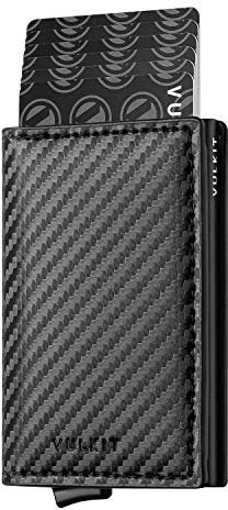VULKIT Porte Carte Homme Cuir Porte Carte Bancaire Anti Piratage Porte-Cartes Pop Up Petit Portefeuille Homme RFID avec 3 Fentes for Cartes & Billets, Fibre de Carbone