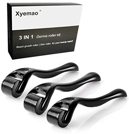 Xyemao Lot de 3 rouleaux de pousse de barbe (0,5 + 1,0 + 1,5) mm |Rouleau de derma pour homme et femme | Rouleau à barbe | Stimule la croissance de la barbe et des cheveux – Noir