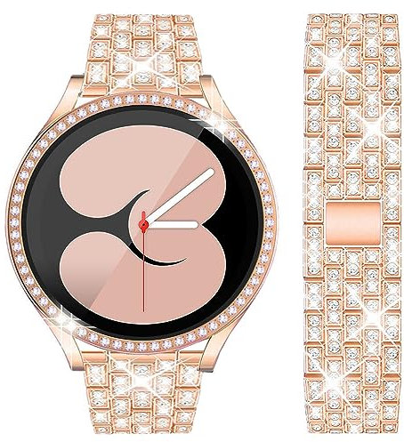 DEALELE Armband und Gehäuse Gehärtetem Glas Kompatibel mit Samsung Galaxy Watch 5/4 44mm, 20mm Glitzer Diamant Metall Armbänder mit Schutzhülle mit Displayschutz Ersatz für Damen Herren (Rose gold)