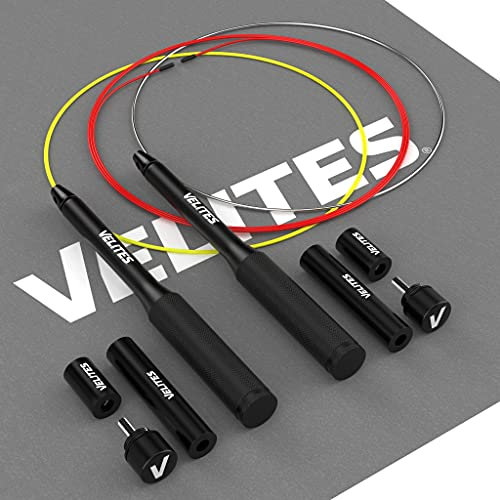 Velites Pack Comba Fire 2.0 + Lastres + Cables + Mat de Salto - para tu Entrenamiento Funcional, Cardio, Fuerza y Saltos Dobles – Potencia y logra Tus Objetivos - Comba Color Negro..