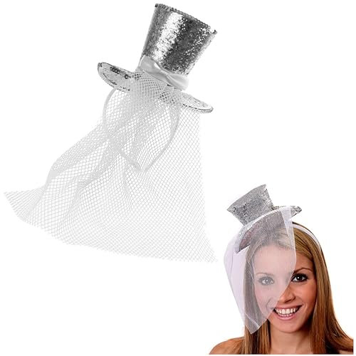 Ladies Glitter Top Hat - Pack of 1 - Mini Silver Sequin Top Hat with Matching Fascinator Veil - Ladies Halloween Christmas Fancy Dress Costume Accessory