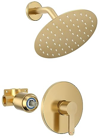 Holispa Robinet de douche doré avec pommeau de douche de 20,3 cm, kit de garniture de douche à poignée unique incluse, valve de douche, or brossé