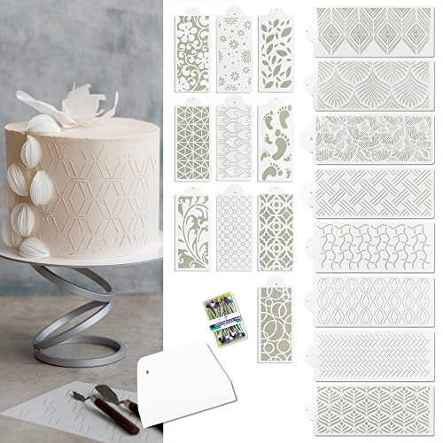 Cake Stencils - Cookie Stencils for Royal Icing, Templates for Buttercream Decorating, Baking Stencil, Mesh Reusable Spray Fondant Cookies, Paiting (18xDesigns with Scraper and 50xPins)