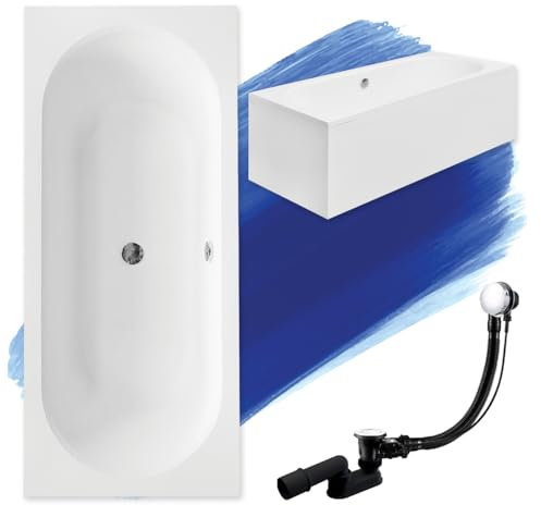 BADLAND Badewanne Original Weiß Acryl Wanne Rechteck VITAE 170x75 KOMPLETTSET SET mit Weiß Acrylschürze + Füßen und Exklusive Chrom Automatik Ablaufgarnitur Made in EU 4in1
