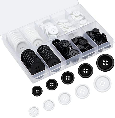 Knöpfe Harz Schwarz Weiß Knöpfe 4 Loch Rund Harzknöpfe mit Kunststoff Box für Nähen Scrapbooking DIY Handwerk Deko, 160 Stück (4 Größe)