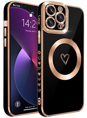 ECZOIL HZLFCZL Kompatibel mit iPhone 13 Pro Max Hülle Case Fall MagSafe,Full Camera Objektiv Schutz Luxus Galvanisierte Nette Herz Magnetische Hülle für iPhone 13 Pro Max für Frauen Mädchen (Schwarz)