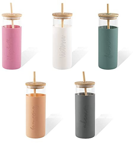 Personalised Glass Tumbler with Lid and Straw Custom Text 16 Oz Glass Cups with Lids and Straws Water Bottle Silicone Protective Sleeve Bamboo Lid Glass Coffee Cups Coffee Tumbler Personalized Gifts