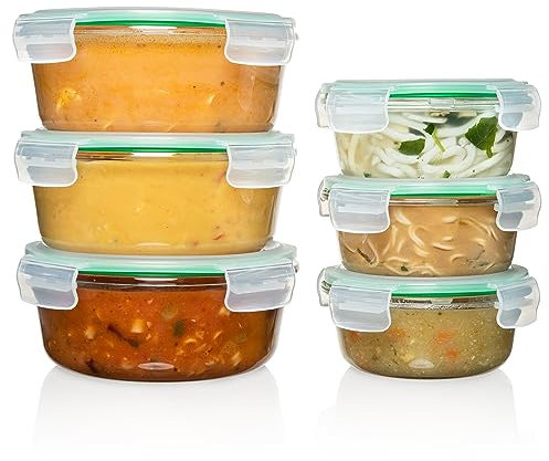 Fusion Gourmet 6 pc Round Glass Food Storage Containers with Lids - Leakproof Meal Prep Container Set (3 Large & 3 Small, Green)