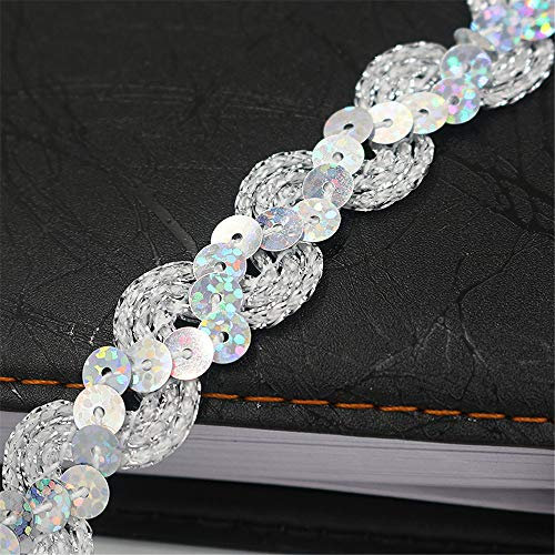 10 Meters Länge 1,5 cm Breite Glitzer Farbiges Paillettenband Borten Rolle, Paillettenbesatz Applikation Paillettenborte Hologramm Metallic Pailletten Aus Stoff Glänzende Paillettenbänder,P-Silber