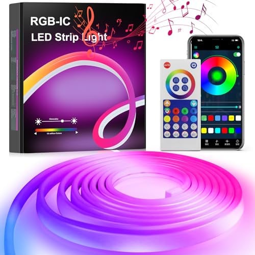 changshengda Neon LED Strip 3m - RGBIC Neon LED Streifen mit Fernbedienung, Smart Farbe wechselnden Modus und Musik-Sync, LED Streifen Leuchten für Indoor Outdoor-Dekoration