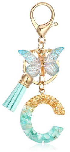 MWOOT Initiale Letter Keychains Porte Clé Lettre C,Alphabet Porte Clef Resine Lettre avec Papillon Pendentif,Vert Feuille D'or Key Ring pour Femmes Filles Portefeuilles Sac à Main Charme(C)