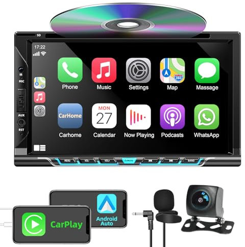 Double Din Car Stereo with Carplay&Android Auto,7 Inch HD Touchscreen Car Radio Support CD DVD Player,Bluetooth,Backup Camera,Mirror Link,SWC,Subwoofer,USB/TF/AUX Input, AM/FM Car Stereo Receiver