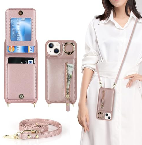 Zouzt for iPhone 13 Mini Case with Cord and Card Holde, Zipper Wallet Case with Crossbody Lanyard Ring Adjustable Necklace Protective Cover Women for iPhone 13 Mini 5.4 Inch - Rose Gold
