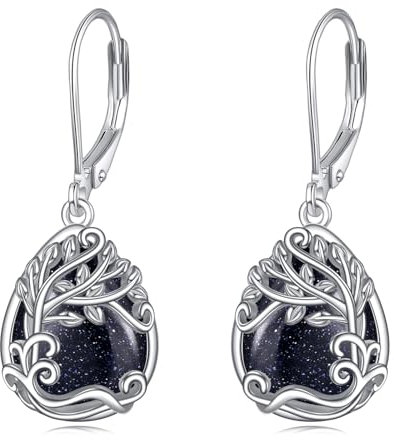 Boucles d'oreilles Pierres de Lune pour Femmes Boucles D'oreilles Pierres de Lune en Argent 925 Bijoux Cadeaux (OO-Grès bleu arbre de vie)