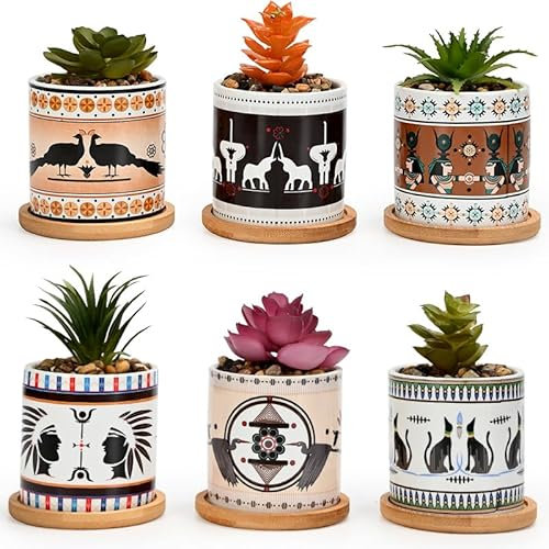 simpa 6PC Decorative Mixed Pattern Ceramic Plant Pots - Egyptian Design 7.3cm (H) x 7.3cm (Dia)