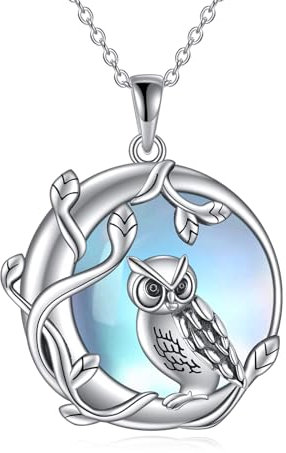 YAFEINI Mondstein Eulen Kette für Damen 925 Sterling Silber Eule Mond Anhänger Halskette Eulen Schmuck Geschenk für Mama Mädchen Freund (Eule Halskette)