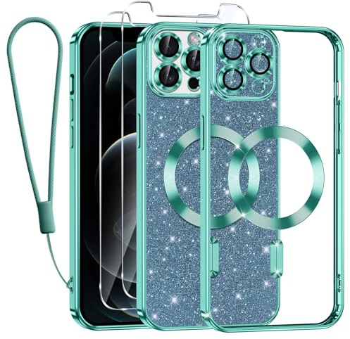 Kokio Handykette für iPhone 12 Pro Hülle mit Band, [Kompatibel mit MagSafe] Glitzer Magnetisch Handyhülle für iPhone 12 Pro mit 2 Stück Schutzfolie Stoßfeste Silikon Schutzhülle, Grasgrün
