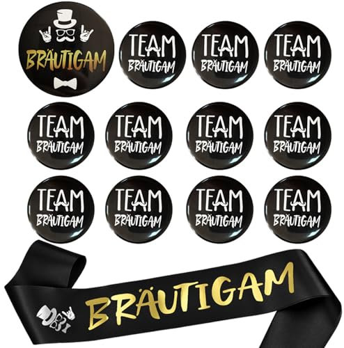 ALEGRE® JGA Deko Männer Abzeichen, 13 Stück Bräutigam Schärpe Button Set, Junggesellenabschied Männer Accessoires, JGA Männer Buttons für JGA Spiele Party, Hochzeit, Engagement Feiern (Schwarz Gold)