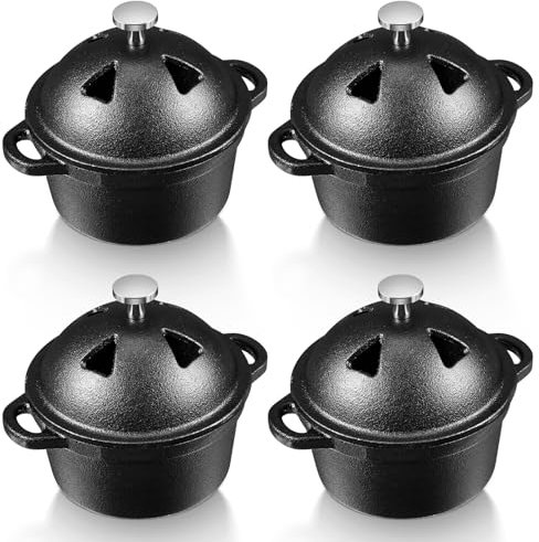 FoldTier 4 Pcs Garlic Roaster Baker Cast Iron Dutch Oven Pre-seasoned Cast Iron Pot 8 oz Mini Cocotte with Lid and Handle Small Black Potato Garlic Baker for Oven BBQ Grill Kitchen Outdoor