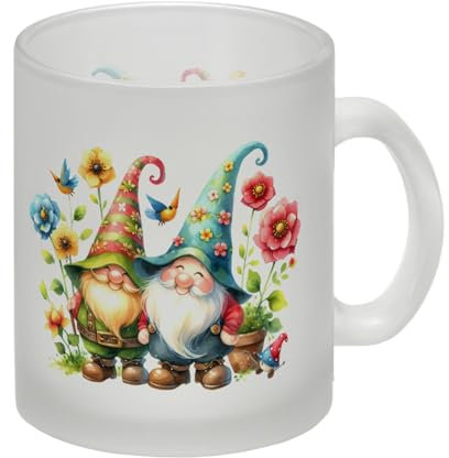 Süße Gartenzwerge Glas Tasse Freche Schelme im Garten - Kecke Zwerge Wichtel Figuren auf Tasse