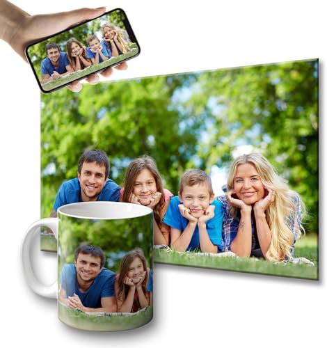 OOPS Cuadro + Taza personalizados con tu foto - Lienzo impreso con foto en bastidor de madera de 35mm - Taza de 330ml de cerámica personalizada con foto (60x40, Cuadro + Taza)