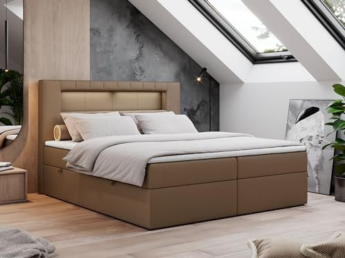 MKS MEBLE Boxspringbett 120x200 mit Led Braun Kunstleder, Polsterbett Bett mit Topper T25 und Kopfteil, Multipocket Matratze H3, Doppelbett mit Bettkasten Stauraumbett - Gold-5 - Braun Kunstleder