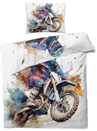 Generisch Dirt Bike Bettwäsche 135x200 Sommer - Motocross Kinder Bettbezug 135 x 200 2er Set mit Kissenbezug 80x80, Weiche Mikrofaser Sommerbettwäsche mit Reißverschluss für Schlafzimmer Deko K-&86