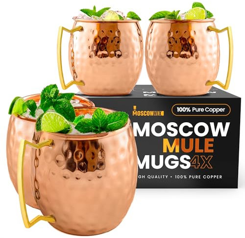 Moscow-Mix Moscow Mule Tassen – Set mit 4 Tassen aus 100 % reinem Kupfer, groß, 473 ml, handgefertigt, lebensmittelechtes Kupfer, Premium-Moscow Mule-Becher, 4 Stück, massive Kupferbecher, perfektes