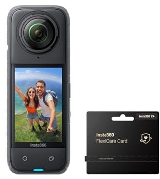 Insta360 X4 FlexiCare Bundle - Waterproof 8K 360 Action Camera, 4K Wide-Angle Video, Invisible Selfie Stick Effect, Removable Lens Guards, 135 Min Battery Life, AI Editing, Stabilization