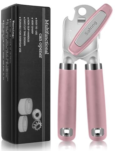 Safring Can Opener Manual, Heavy Duty Handheld Strong Can Opener with Soft Touch Handle, Sharp Blade Smooth Edge, Can Openers with Multifunctional Bottle Opener, Pink