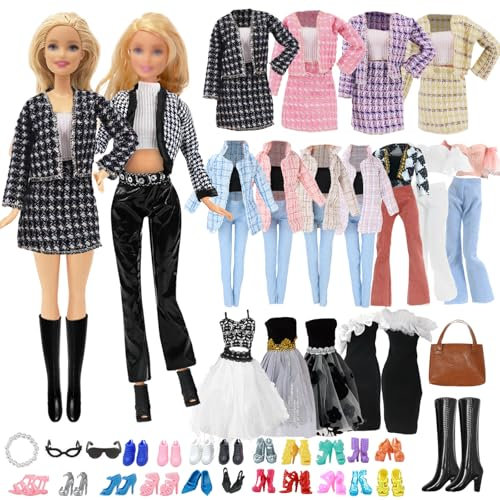 16 Kleidung 3 Stilvolles Karo Mantel Set 2 Party Kleider 1 Kurzarm Hose Set 1 Bag 1 Halszubehör 2 Brillen 1 Stiefel 5 Shoes für 11.5 Zoll Mädchen Puppen Zufällig