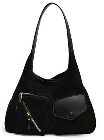 Fiorky Borsa a tracolla da donna in pelle scamosciata con borsa hobo multitasche Borsa slouchy tinta unita Borsa alla moda Borsa da viaggio for pendolari (Nero)