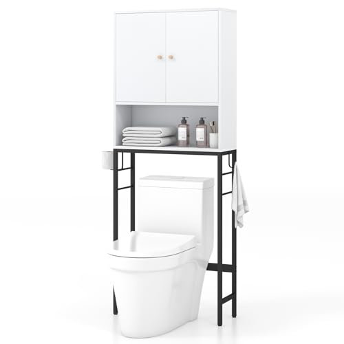 COSTWAY Over Toilet Storage Unit, Freestanding Bathroom Space Saver with 2 Doors, Open/Adjustable Shelves and 2 Side Hooks, Metal Frame Wooden Above The Toilet Cabinet Laundry Organizer Rack (White)