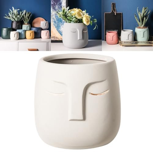 Boxonly Face Planter (Beige, Large, With Hole, Without Tray) - Ceramic Plant Pot for Succulents, Flowers, and Small Plants - Nordic Minimalist Vase for Indoor and Outdoor Home Decor