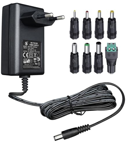 12 V 2 A 1,8 m Netzteiladapter, AC/DC-Schaltadapter (Eingang 100 – 240 V, Ausgang 12 Volt 2 Ampere), Transformatorstecker zur Wandmontage mit 8 austauschbaren Buchsen, CE-gelistet