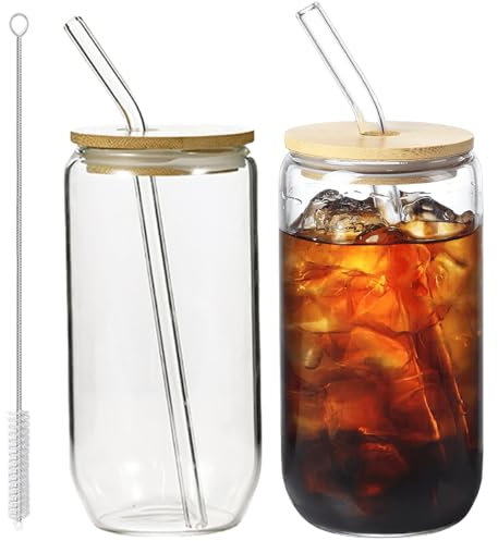 BAIFULAI Lot de 2 gobelets à bulles en verre de 500 ml avec couvercle et paille, verre à bulle, à café, à smoothie, à café glacé, à long drink