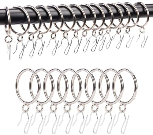 TXZWJZ Gardinenringe mit Haken, rostfreie Metall-Vorhangringe mit Ösen und Faltenhaken für Fenster-, Tür- und Duschvorhänge, Innendurchmesser 2,5 cm, 24 Stück, Silber