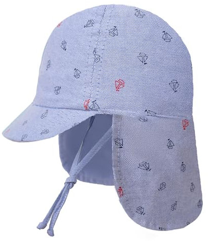 Baby Kinder Sonnenhut, Baumwolle Hut für Baby Jungen Mädchen Winddicht Hut in Cartoon-Muster, Baby Sonnenhut mit Halsschutz, Blaue Denim Boote, 1-3 Jahre